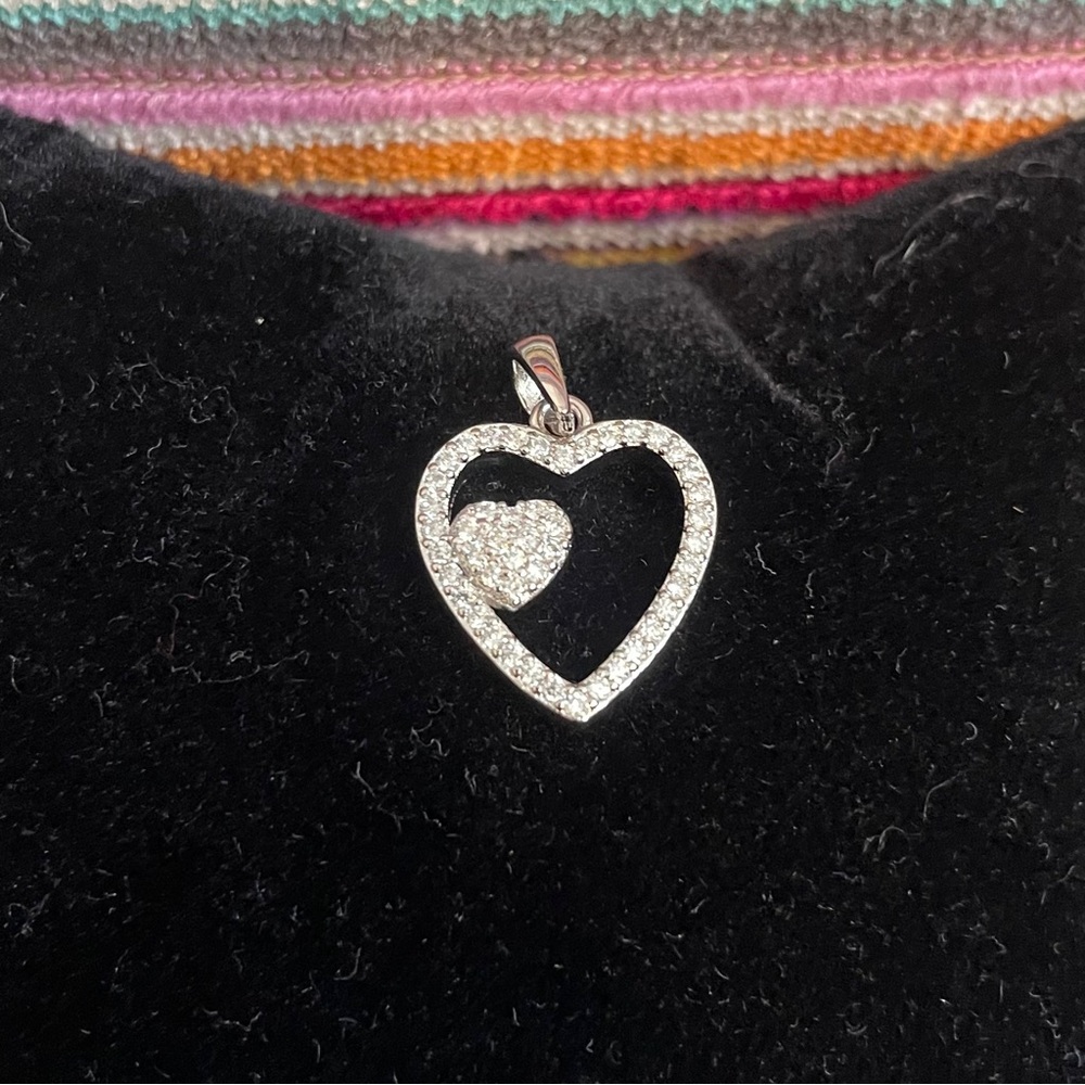 Moissanite Pave Set “Two Hearts” Heart Pendant White Gold Plated NWOT